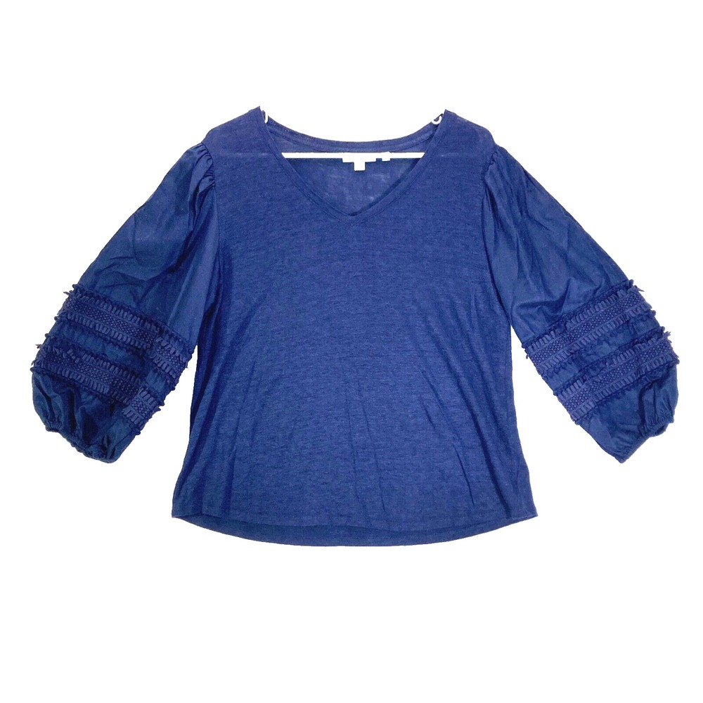 Chico's 100% Linen Blouse Women 2 L Blue Crochet Balloon Puff Sleeve Slub Knit